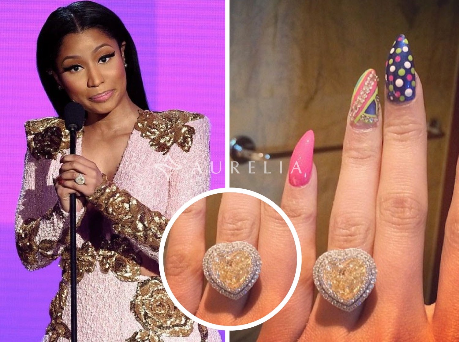 Nicki Minaj's massive 15-carat fancy yellow heart-shaped diamond engagement ring, featuring a maximalist double halo setting of white diamonds on a platinum band, valued at over $500,000.