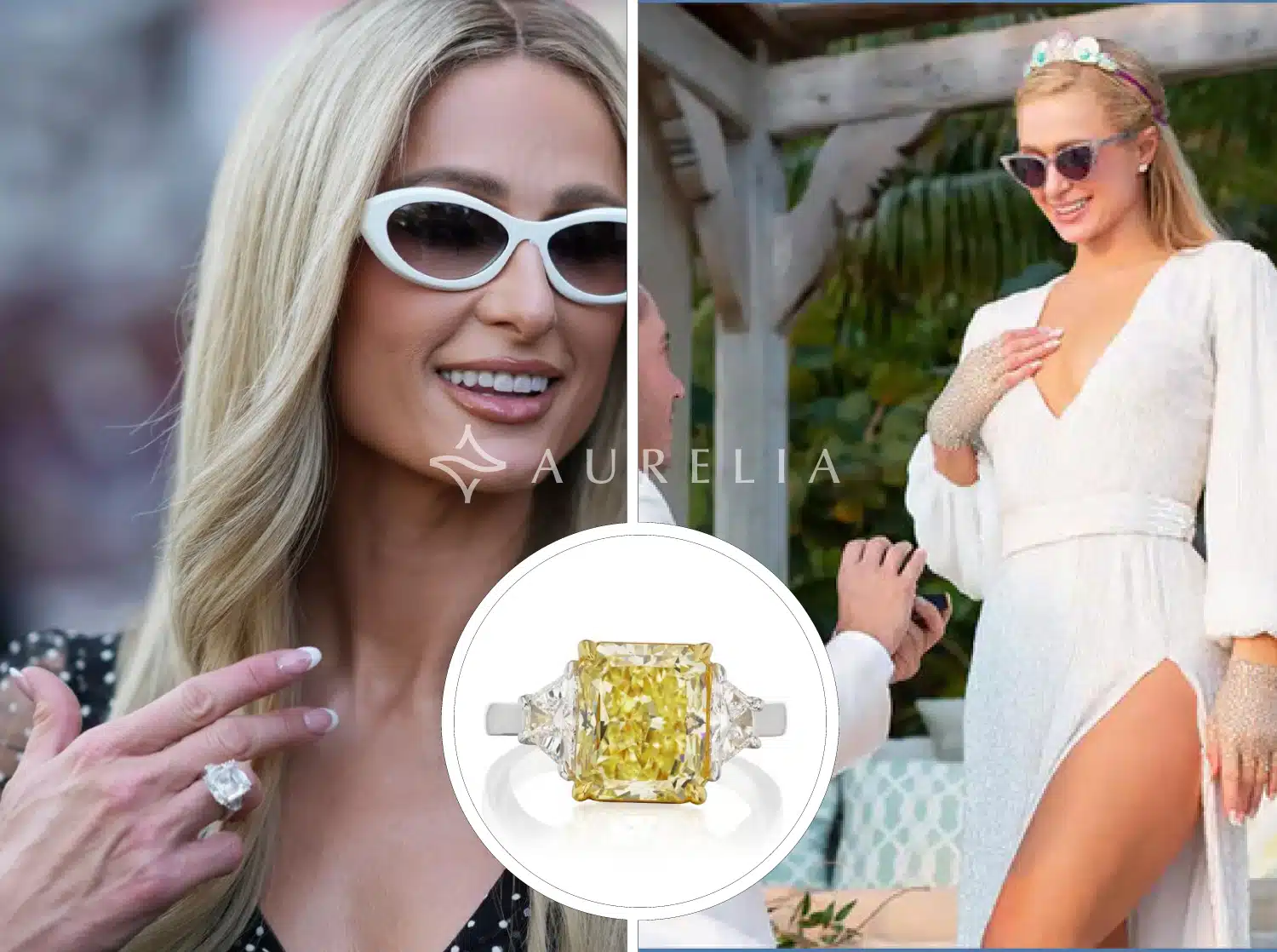 Paris Hilton's massive 24-carat emerald-cut canary yellow diamond engagement ring, set with trillion-cut white diamonds, known as one of the most expensive and largest yellow diamonds in celebrity jewelry history.
