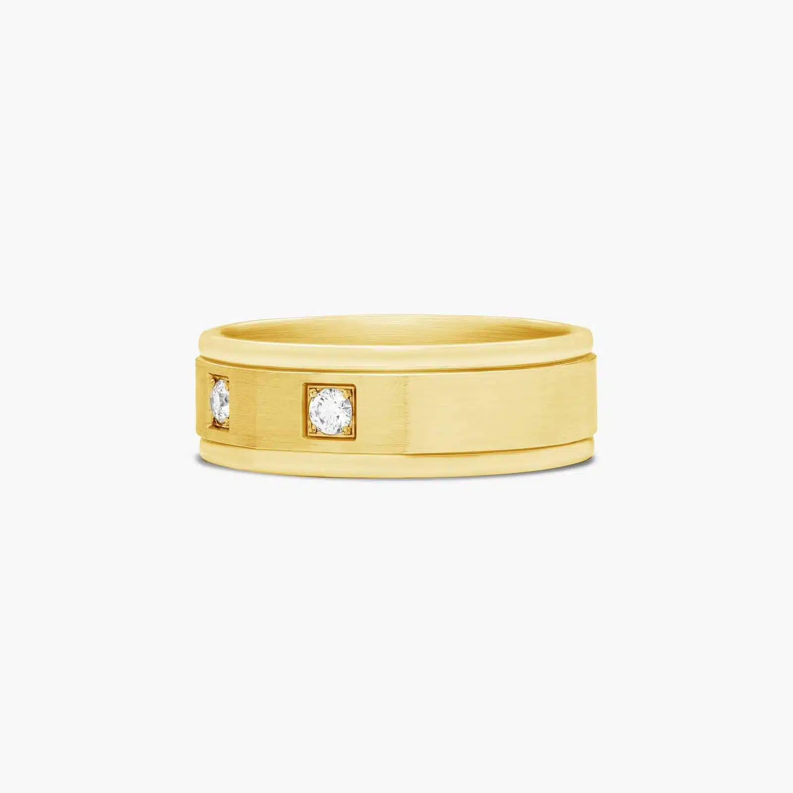 A Pavé Set 3-Stone Mens Yellow Gold Diamond Wedding Bands (8.00mm) with an octagonal shape and satin finish in 18K Yellow Gold.