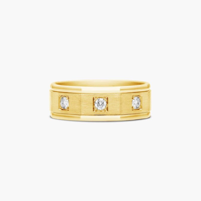 A Pavé Set 3-Stone Mens Yellow Gold Diamond Wedding Bands (8.00mm) with an octagonal shape and satin finish in 18K Yellow Gold.