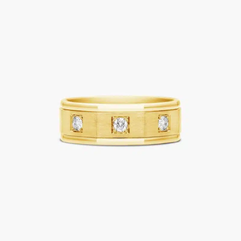 A Pavé Set 3-Stone Mens Yellow Gold Diamond Wedding Bands (8.00mm) with an octagonal shape and satin finish in 18K Yellow Gold.