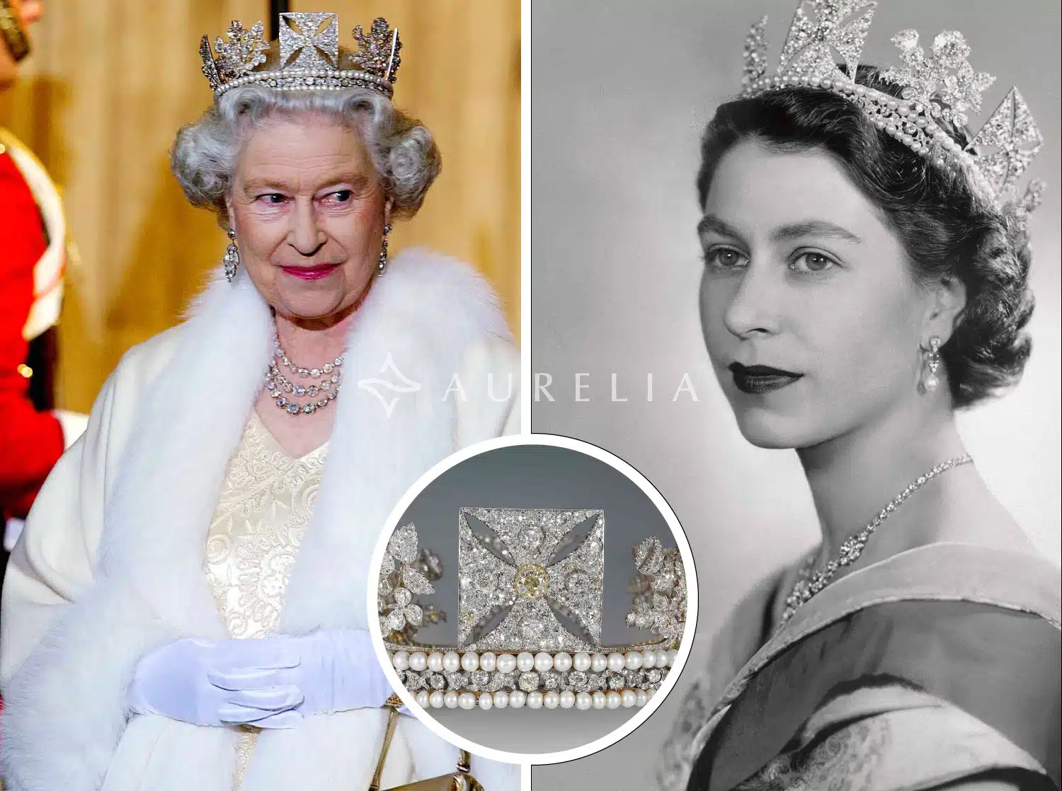 Queen Elizabeth II wearing the George IV State Diadem, featuring a central 4-carat brilliant-cut pale yellow diamond, a priceless royal heirloom from the Crown Jewels dating back to 1821.