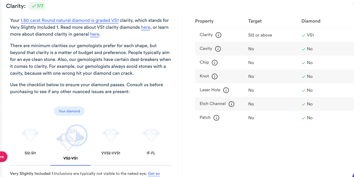 Rare Carat's Clarity audit scorecard (7/7) confirming the VS1 natural diamond is free of deal-breaker structural flaws like Cavity, Chip, and Knot.