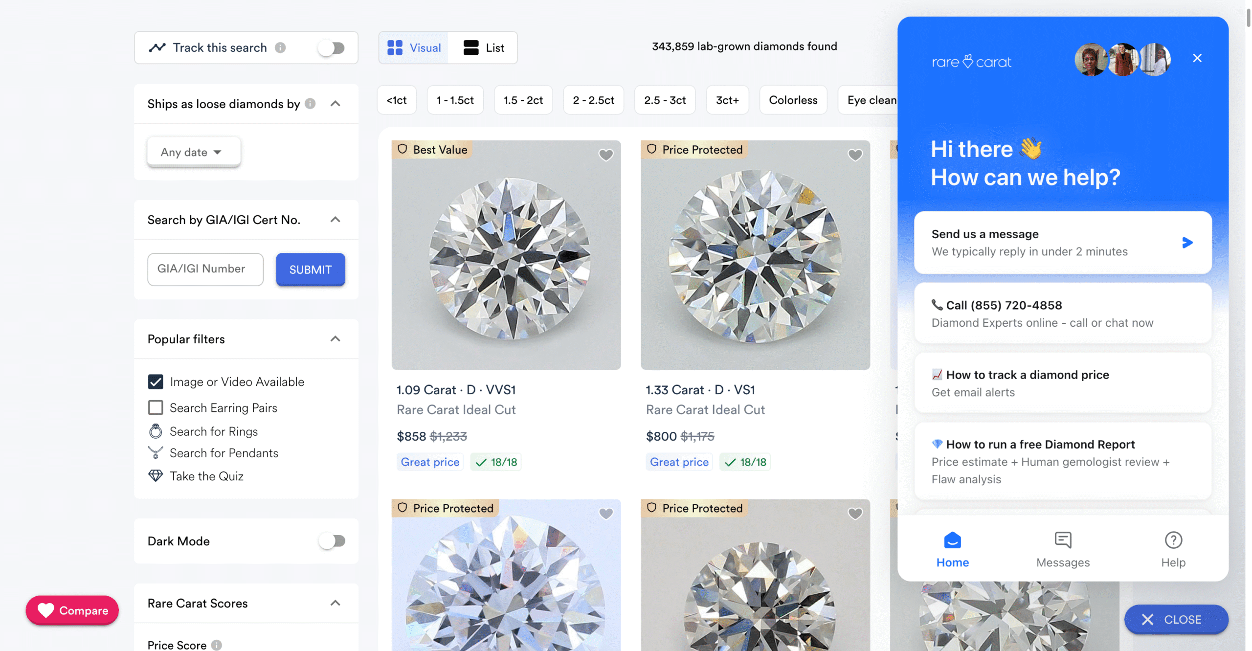 Rare Carat live chat interface, offering direct access to "Diamond Experts" and contact information, confirming human help is available for support.