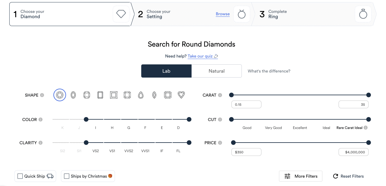 Screenshot of the Rare Carat diamond search page, featuring filters for 4Cs, including the important "Rare Carat Ideal" cut and clarity VS1-IF ranges.