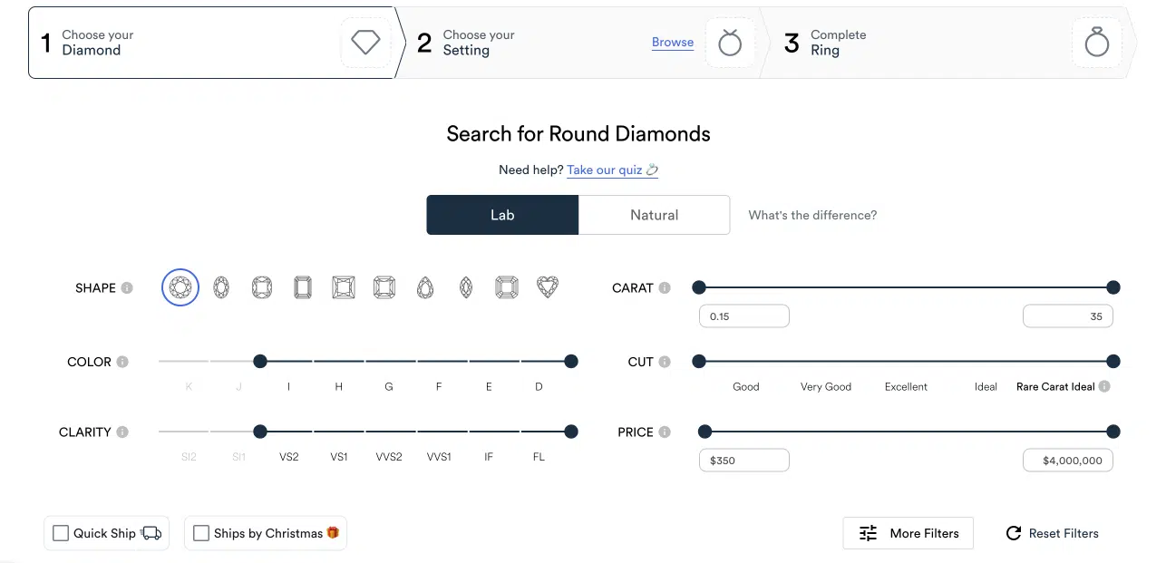Screenshot of the Rare Carat diamond search page, featuring filters for 4Cs, including the important "Rare Carat Ideal" cut and clarity VS1-IF ranges.