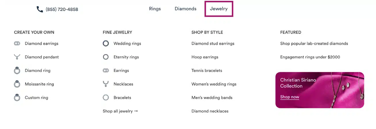 Rare Carat's 'Jewelry' dropdown menu, illustrating the full collection including Create Your Own Diamond Earrings, Wedding Rings, Eternity Rings, and the Featured Christian Siriano Collection.