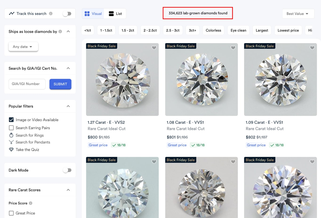 rare carat lab grown diamond collection page screenshot