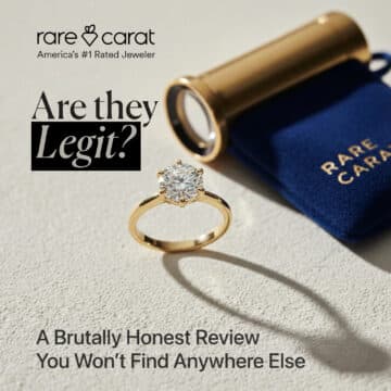 Featured image for the Rare Carat review answering "Is Rare Carat Legit?" showing a gold solitaire diamond engagement ring and a gemologist's loupe, emphasizing a technical and honest diamond review.