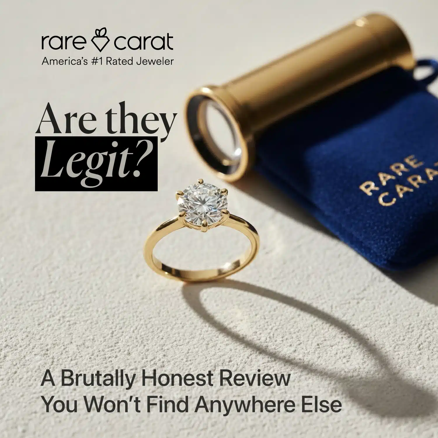 Featured image for the Rare Carat review answering "Is Rare Carat Legit?" showing a gold solitaire diamond engagement ring and a gemologist's loupe, emphasizing a technical and honest diamond review.