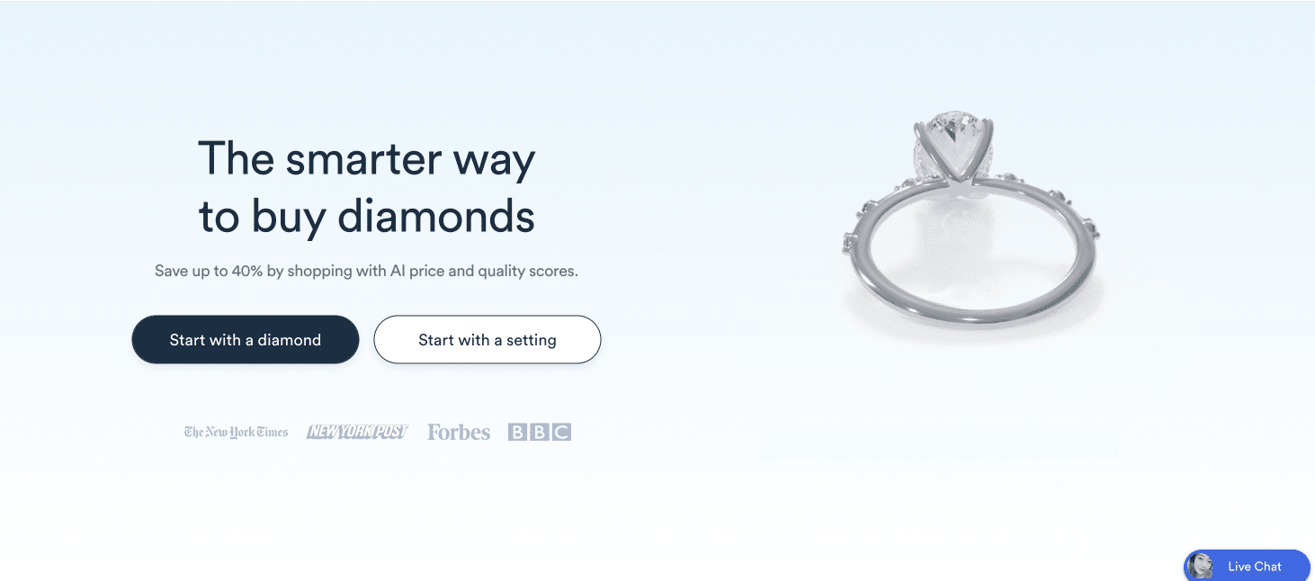 Rare Carat homepage showing their "The smarter way to buy diamonds" headline, emphasizing AI price and quality scores, central to the Rare Carat legitimacy review.
