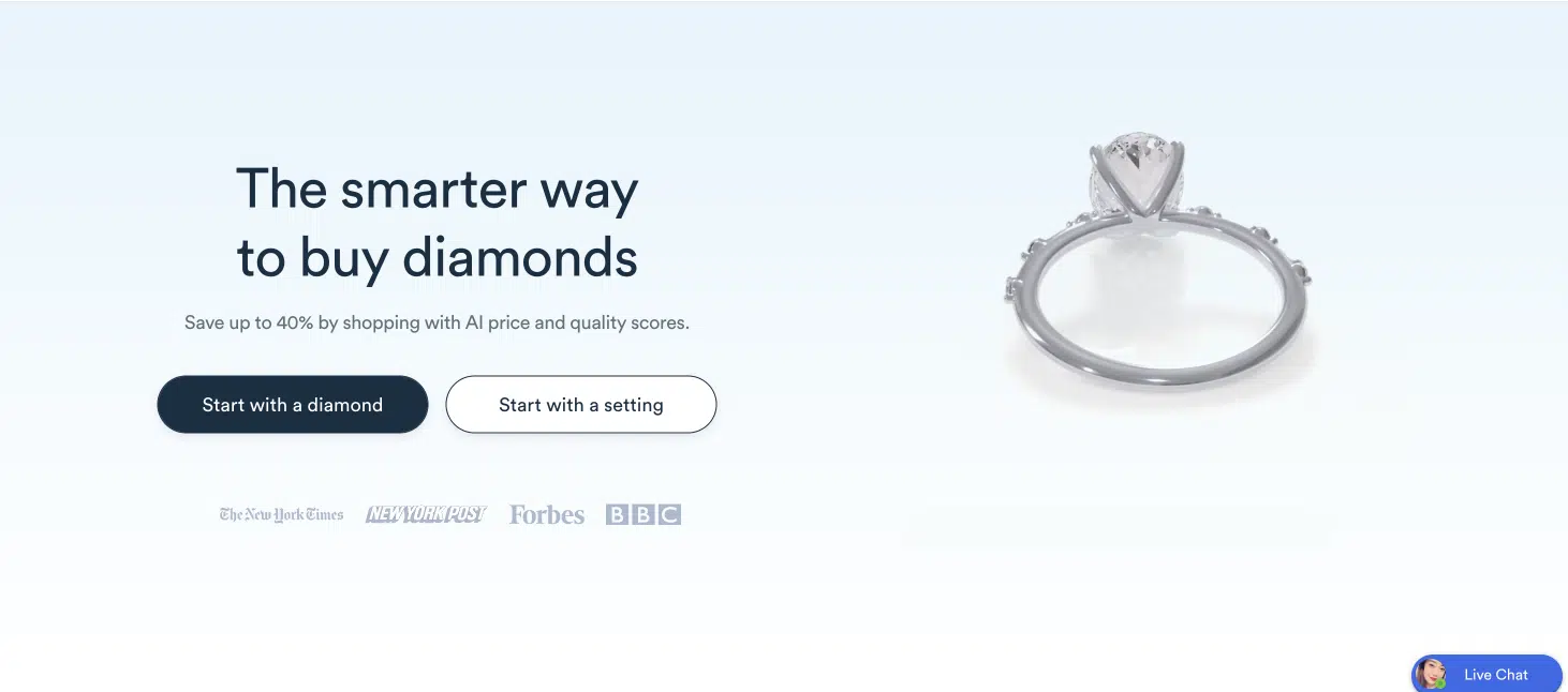 Rare Carat homepage showing their "The smarter way to buy diamonds" headline, emphasizing AI price and quality scores, central to the Rare Carat legitimacy review.