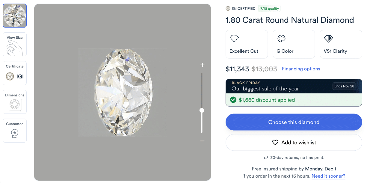 Rare Carat product page, showing the 360-degree video, the final discounted price of $11,343, and the transparency of the $1,660 discount applied.