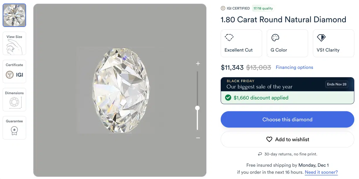 Rare Carat product page, showing the 360-degree video, the final discounted price of $11,343, and the transparency of the $1,660 discount applied.