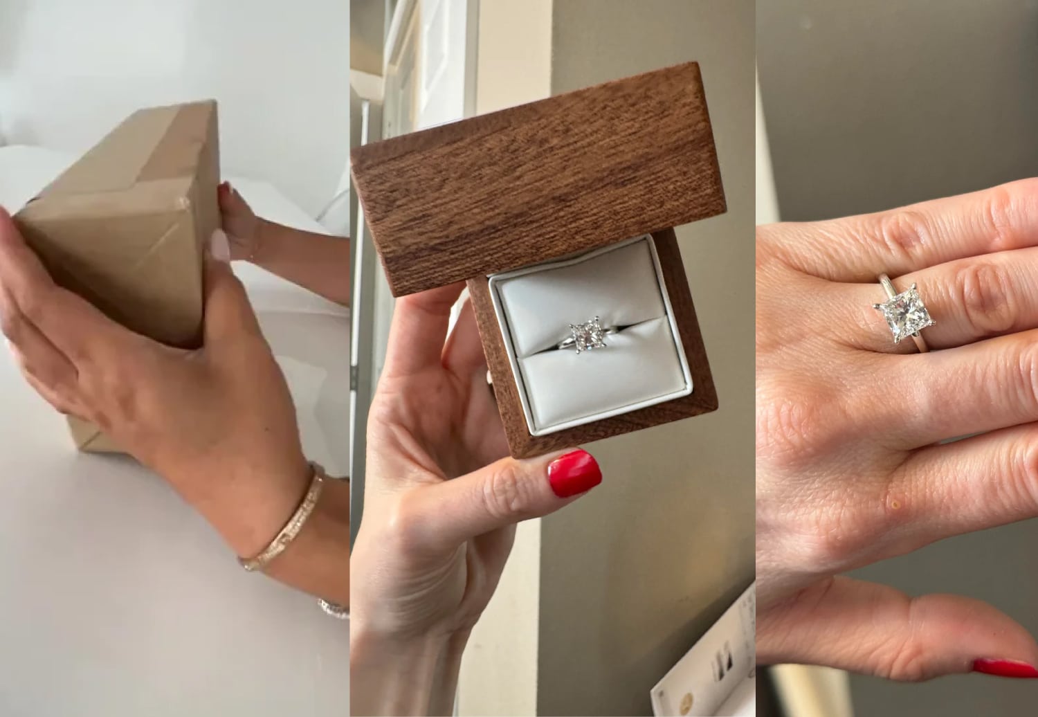 Rare Carat unboxing process triptych: showing discreet FedEx delivery, the wooden ring box, and the final 1.80ct princess cut diamond ring on the finger, highlighting security and sparkle.