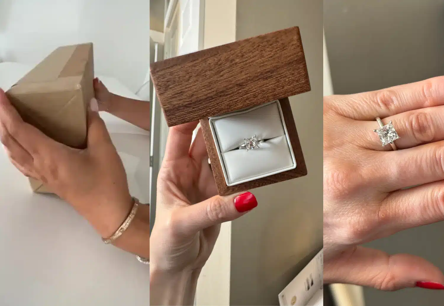 Rare Carat unboxing process triptych: showing discreet FedEx delivery, the wooden ring box, and the final 1.80ct princess cut diamond ring on the finger, highlighting security and sparkle.