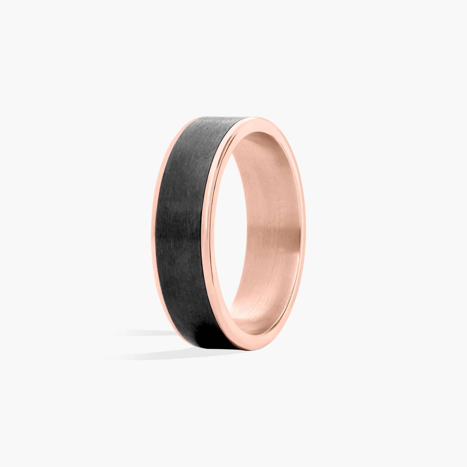 A Satin Finish Mens Black Wedding Band With Rose Gold (6.50mm) combining Black Titanium and 14K Rose Gold.