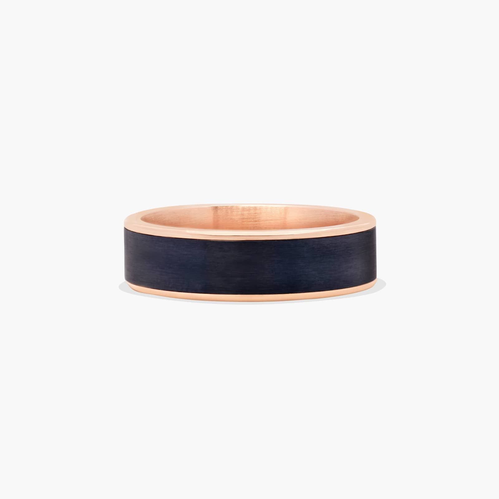 A Satin Finish Mens Black Wedding Band With Rose Gold (6.50mm) combining Black Titanium and 14K Rose Gold.