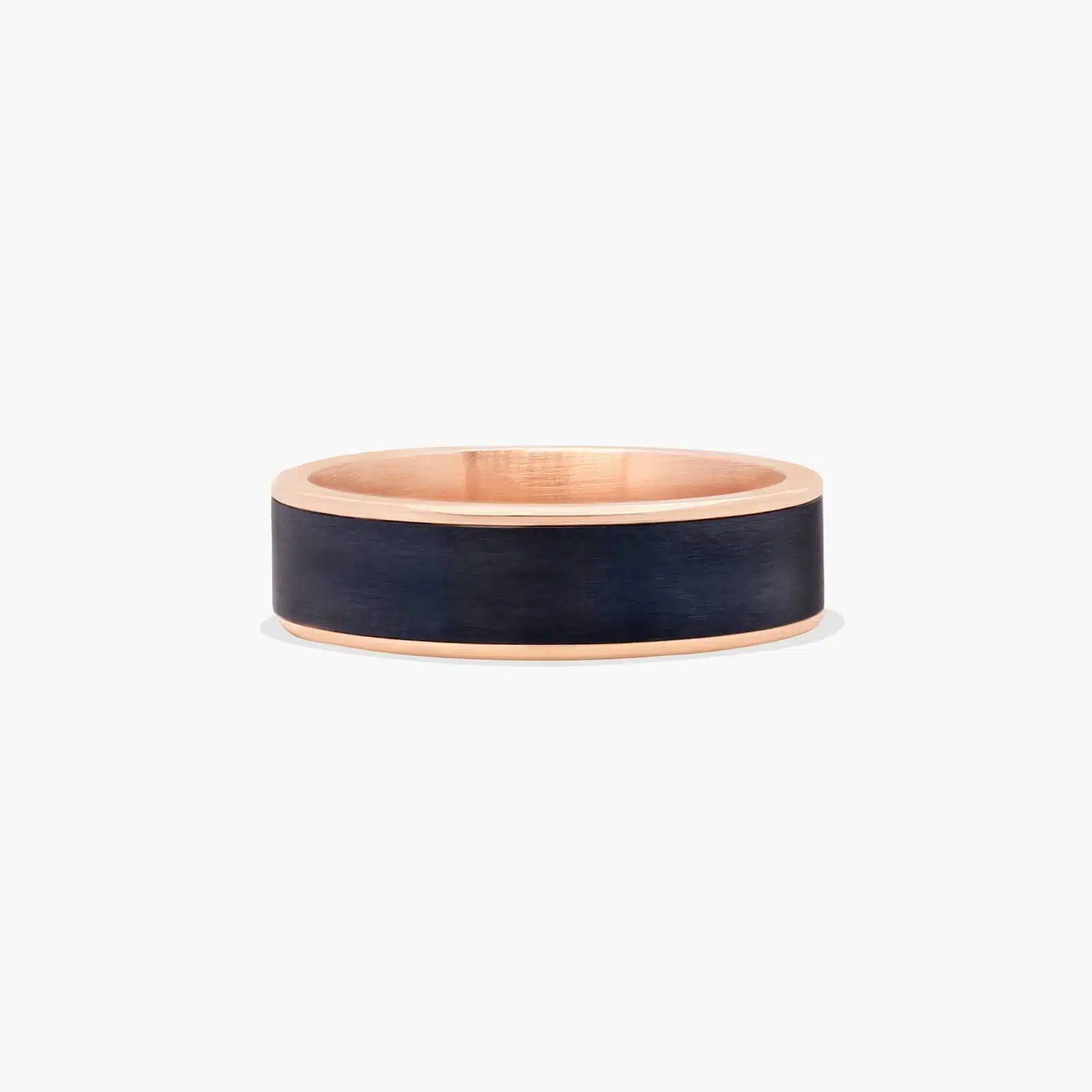 satin-finish-mens-black-wedding-band-with-rose-gold-titanium A Satin Finish Mens Black Wedding Band With Rose Gold (6.50mm) combining Black Titanium and 14K Rose Gold.