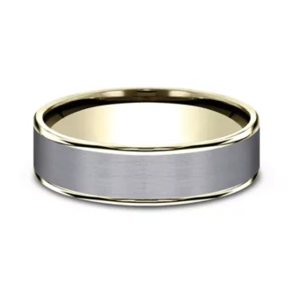A Satin Tantalum and 14K Yellow Gold Two-Tone Comfort-Fit Mens Wedding Band (6.5mm) with polished gold edges.