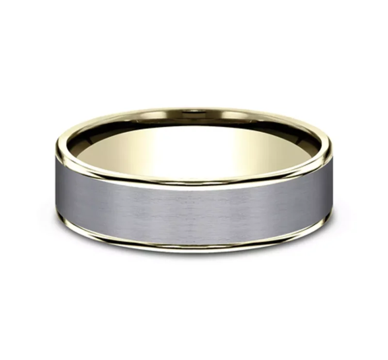 A Satin Tantalum and 14K Yellow Gold Two-Tone Comfort-Fit Mens Wedding Band (6.5mm) with polished gold edges.