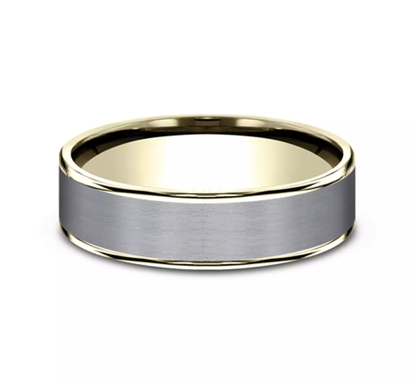 A Satin Tantalum and 14K Yellow Gold Two-Tone Comfort-Fit Mens Wedding Band (6.5mm) with polished gold edges.
