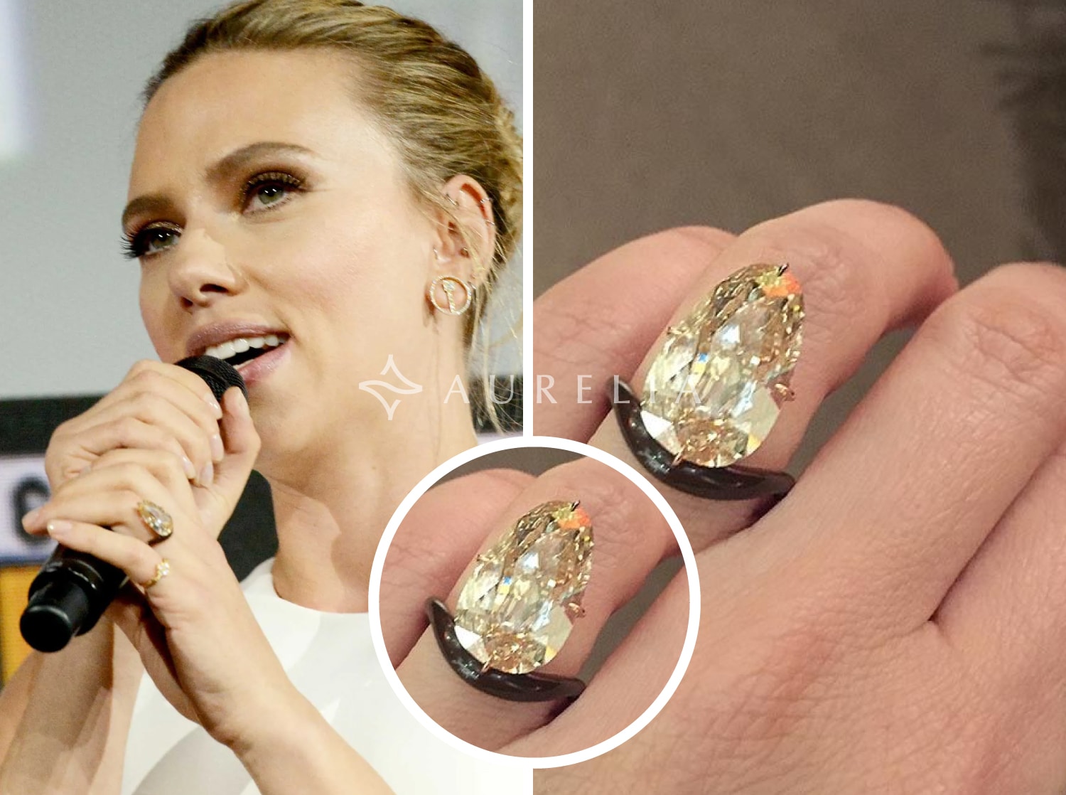 Scarlett Johansson's unique 11-carat pale yellow diamond engagement ring, featuring an unusual ovoid or egg-like cut set on a modern, sculptural dark brown ceramic band by James de Givenchy of Taffin.
