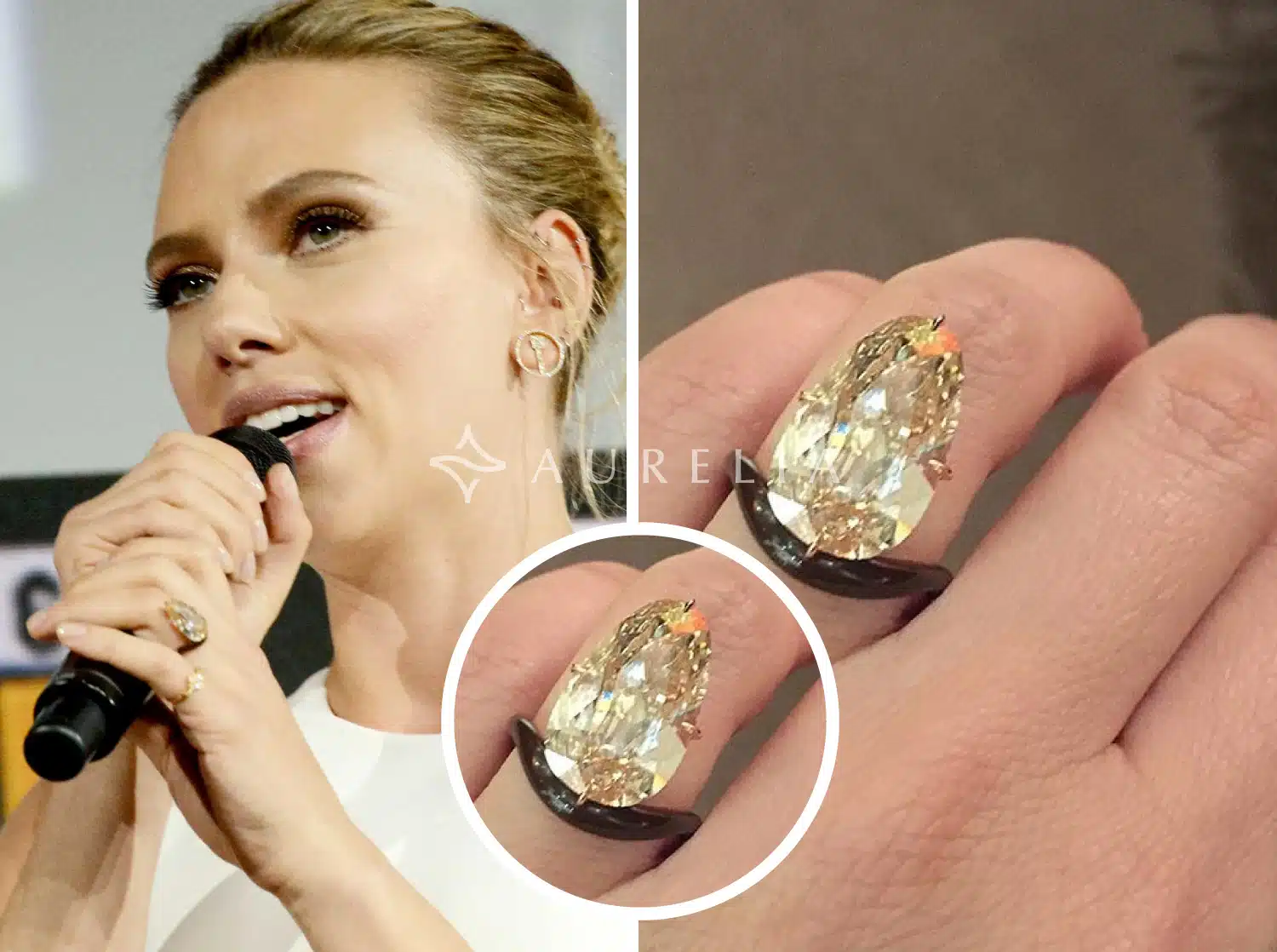 Scarlett Johansson's unique 11-carat pale yellow diamond engagement ring, featuring an unusual ovoid or egg-like cut set on a modern, sculptural dark brown ceramic band by James de Givenchy of Taffin.