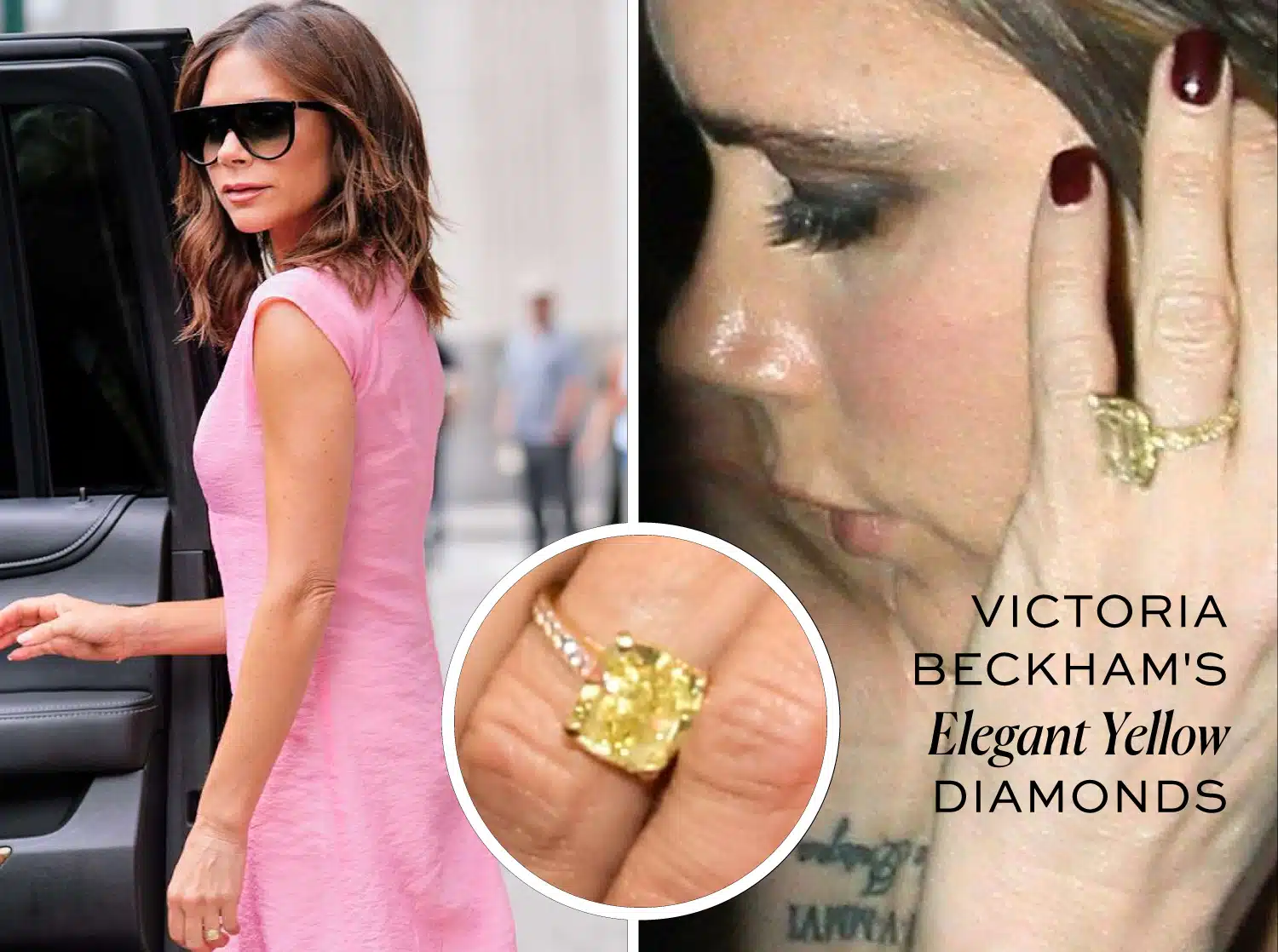 Victoria Beckham wearing two different yellow diamond rings, including a close-up of a large cushion-cut fancy yellow diamond and a visual of her yellow gold emerald-cut yellow diamond, illustrating her use of both platinum and yellow gold settings.