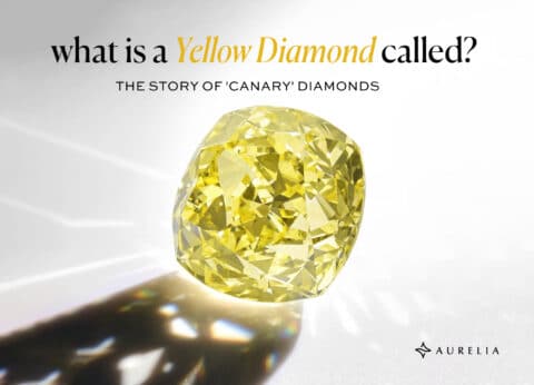 Feature image asking 'what is a Yellow Diamond called?' and explaining 'THE STORY OF 'CANARY' DIAMONDS', highlighting the vibrant color of a cushion-cut canary yellow diamond.