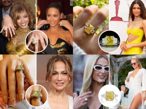 Feature image collage showing multiple iconic yellow diamond rings worn by celebrities, including Beyoncé, Zendaya, Jennifer Lopez, and Paris Hilton, highlighting the glamour and variety of canary yellow diamond engagement rings and red carpet jewelry.