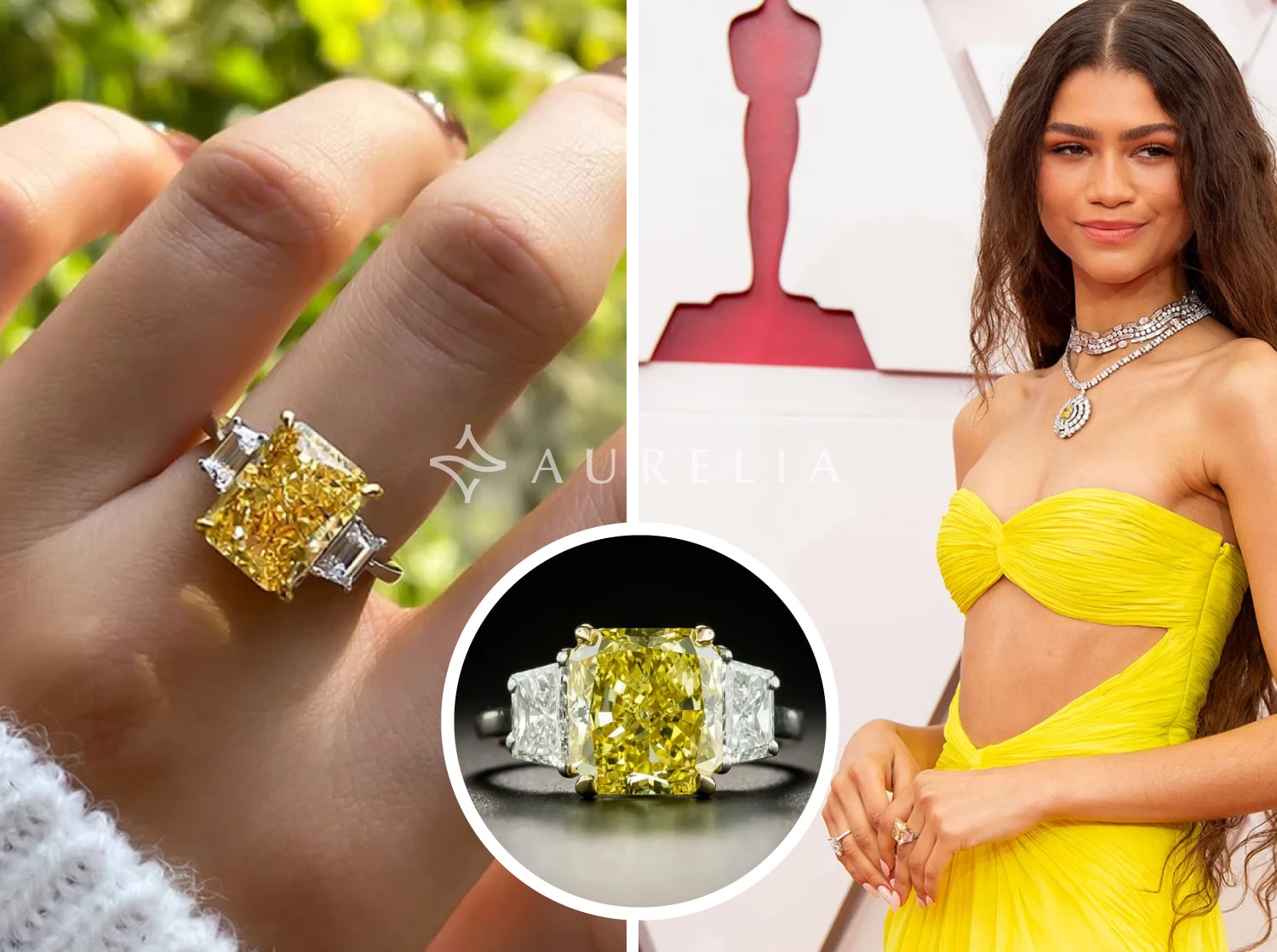Zendaya's 8-carat cushion-cut yellow diamond self-purchase ring from Bulgari, featuring a three-stone setting flanked by trapezoid side diamonds, a modern symbol of independence and achievement.