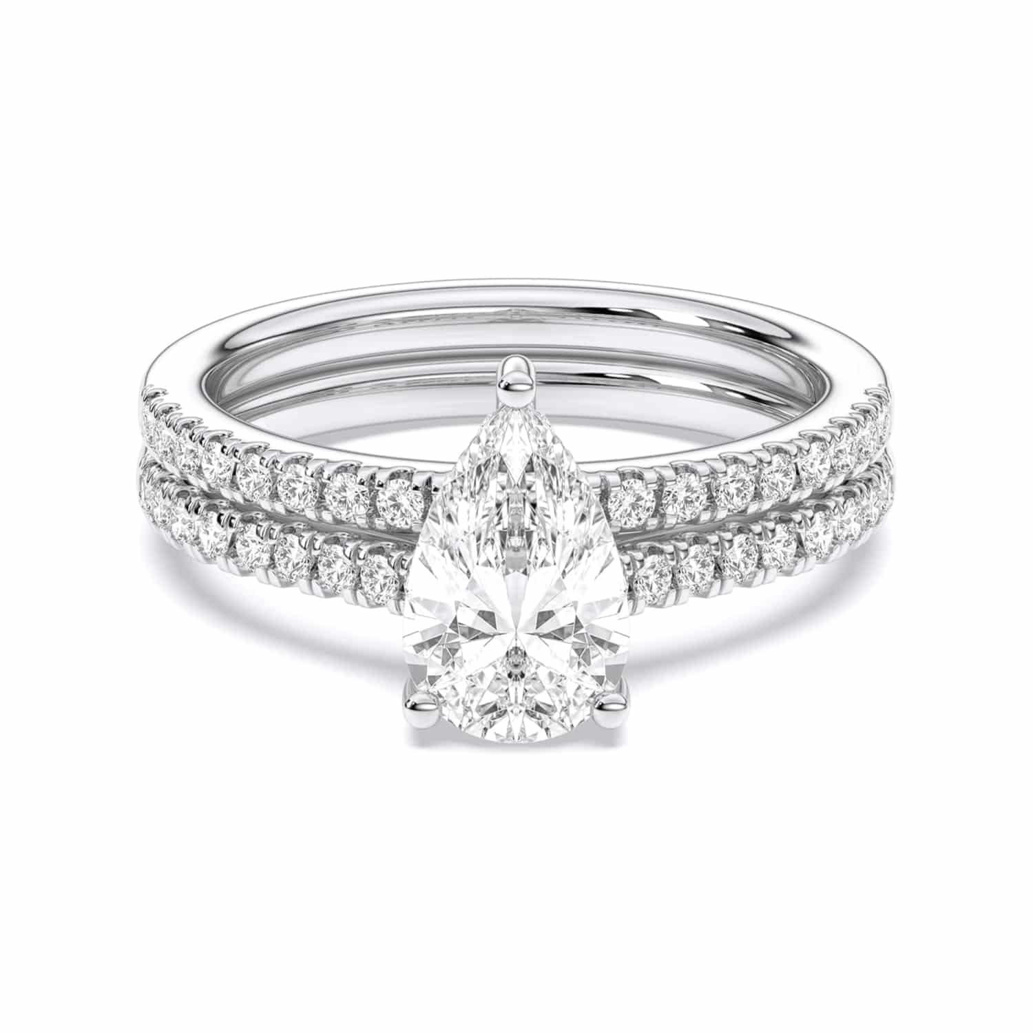 A 1.55 Carat Pear Shape Ring With Wedding Band set in White Gold, featuring a 1.00 CT Pear-shaped diamond engagement ring and a diamond-accented matching wedding band.