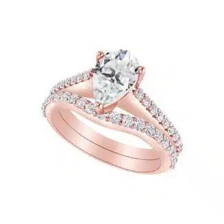 A 14K Rose Gold unique pear shaped engagement rings with wedding bands set featuring a 2.50 Carat Pear Cut Lab Grown Diamond solitaire and matching curved wedding band.
