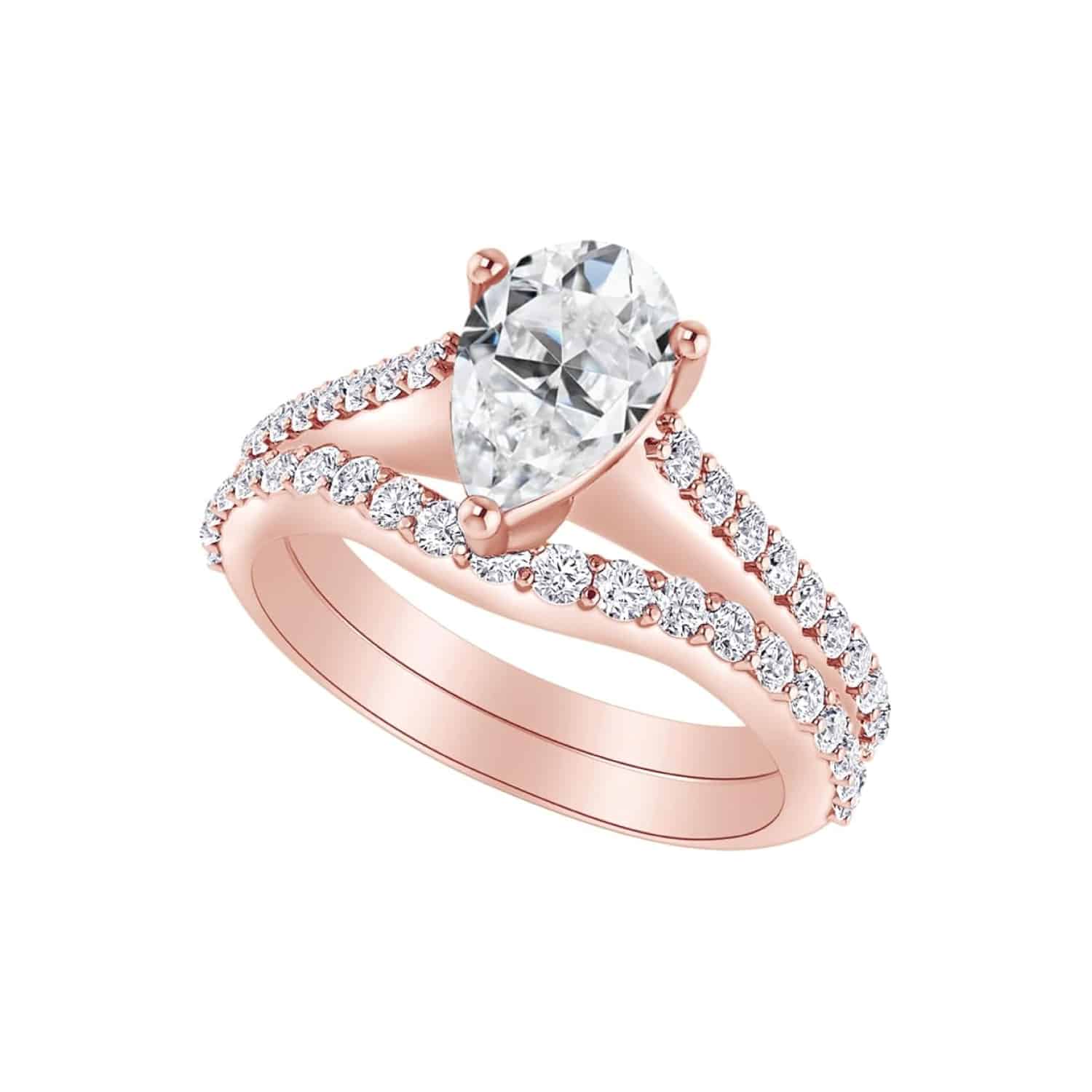 A 14K Rose Gold unique pear shaped engagement rings with wedding bands set featuring a 2.50 Carat Pear Cut Lab Grown Diamond solitaire and matching curved wedding band.
