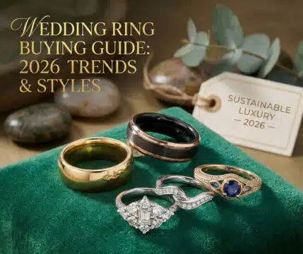 Luxurious feature image showing the 2026 wedding ring trends: a chunky gold cigar band, a black mixed-metal men's ring, a sculptural diamond twist ring, and a sapphire vintage-style ring, resting on green velvet.