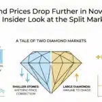 Infographic illustrating the split diamond market in November 2025. It shows smaller stones (0.30 ct to 1 ct) undergoing a historic price correction, with drops like -17.0% YTD for 0.50 ct, while large diamonds (3 ct) are immune to chaos with a +0.1% change.