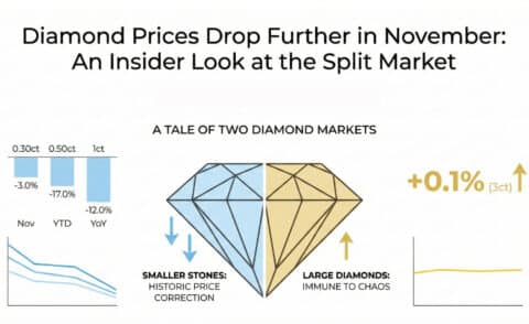 Infographic illustrating the split diamond market in November 2025. It shows smaller stones (0.30 ct to 1 ct) undergoing a historic price correction, with drops like -17.0% YTD for 0.50 ct, while large diamonds (3 ct) are immune to chaos with a +0.1% change.