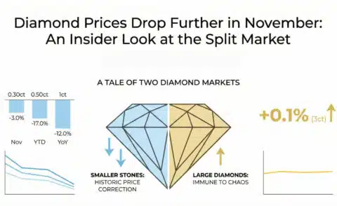 Infographic illustrating the split diamond market in November 2025. It shows smaller stones (0.30 ct to 1 ct) undergoing a historic price correction, with drops like -17.0% YTD for 0.50 ct, while large diamonds (3 ct) are immune to chaos with a +0.1% change.