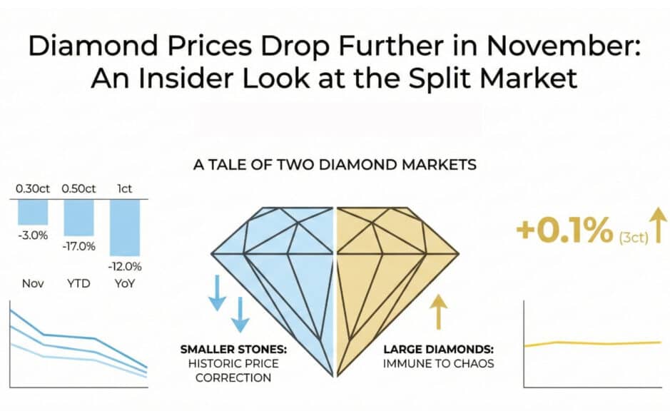Infographic illustrating the split diamond market in November 2025. It shows smaller stones (0.30 ct to 1 ct) undergoing a historic price correction, with drops like -17.0% YTD for 0.50 ct, while large diamonds (3 ct) are immune to chaos with a +0.1% change.