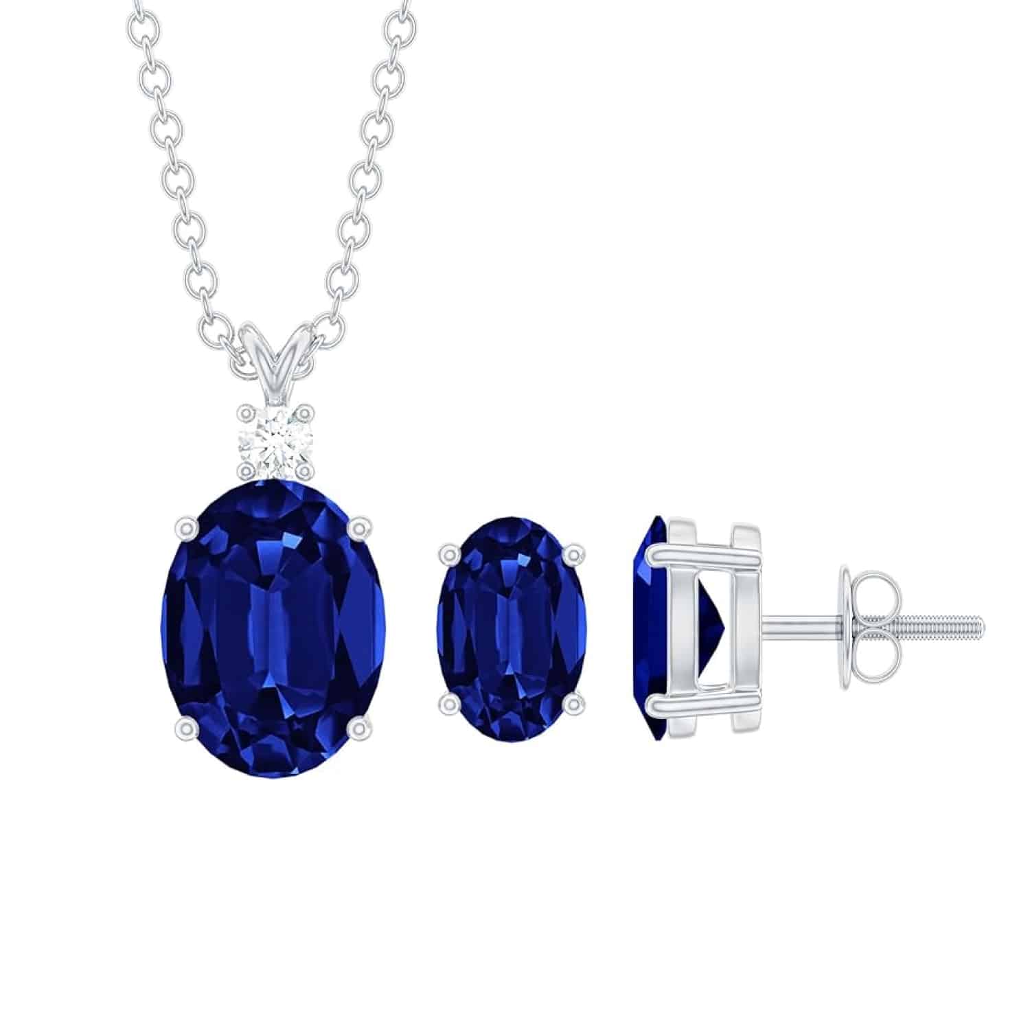 Moissanite-and-Oval-Lab-Blue-Sapphire-Earrings-and-Necklace-Set-(18K-White-Gold) An 18K Solid White Gold Blue Sapphire Earrings and Necklace Set featuring Oval Lab Grown Blue Sapphires (AAAA quality, 2.75 CT total) with Moissanite accents in a solitaire design. Comes with a gift box.
