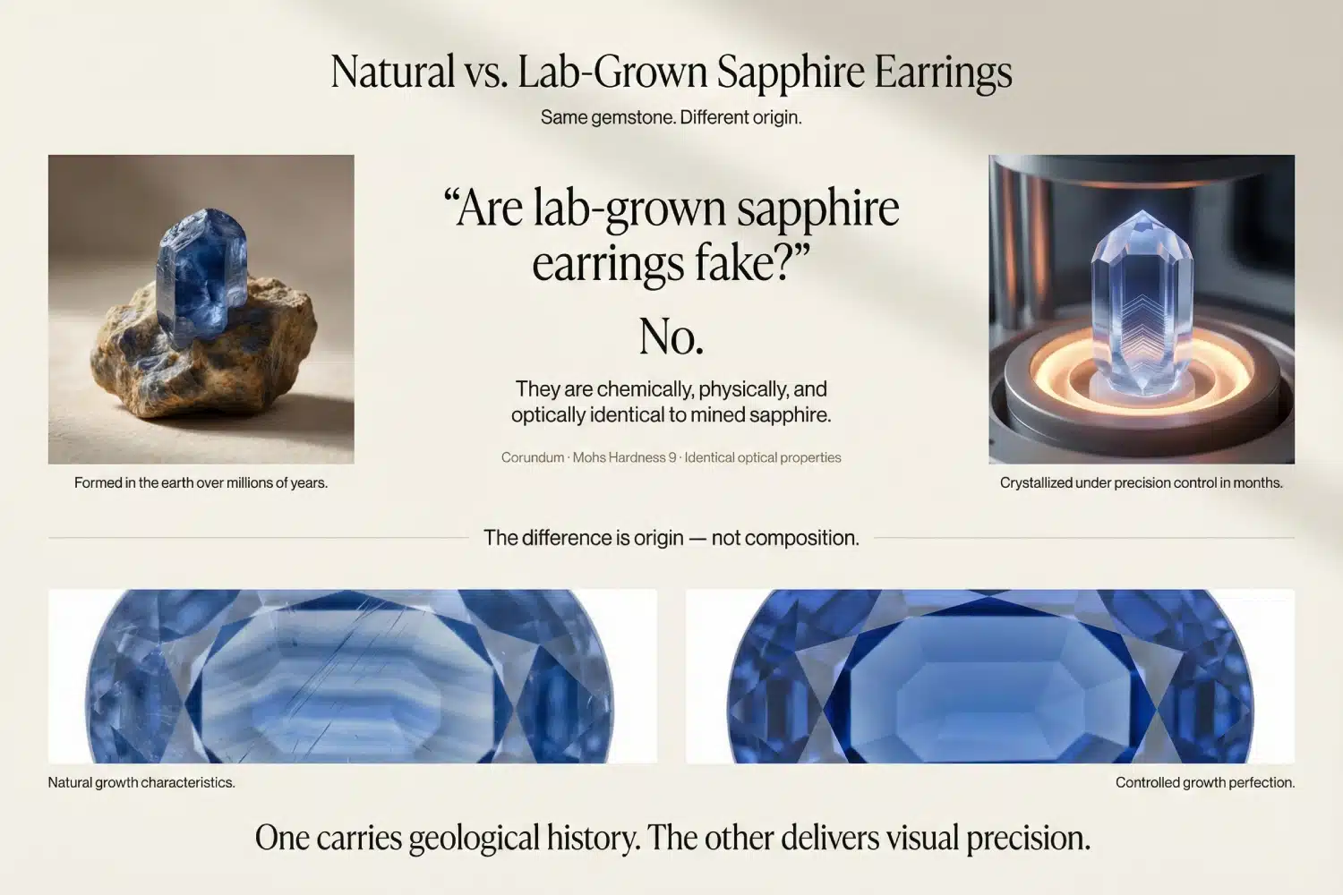 An infographic titled "Natural vs. Lab-Grown Sapphire Earrings" answering the question "Are they fake?" with "No." It explains they are chemically identical Corundum. It compares images of a natural stone ("Formed in earth," "Natural growth characteristics") vs. a lab-grown stone ("Crystallized in months," "Controlled growth perfection").