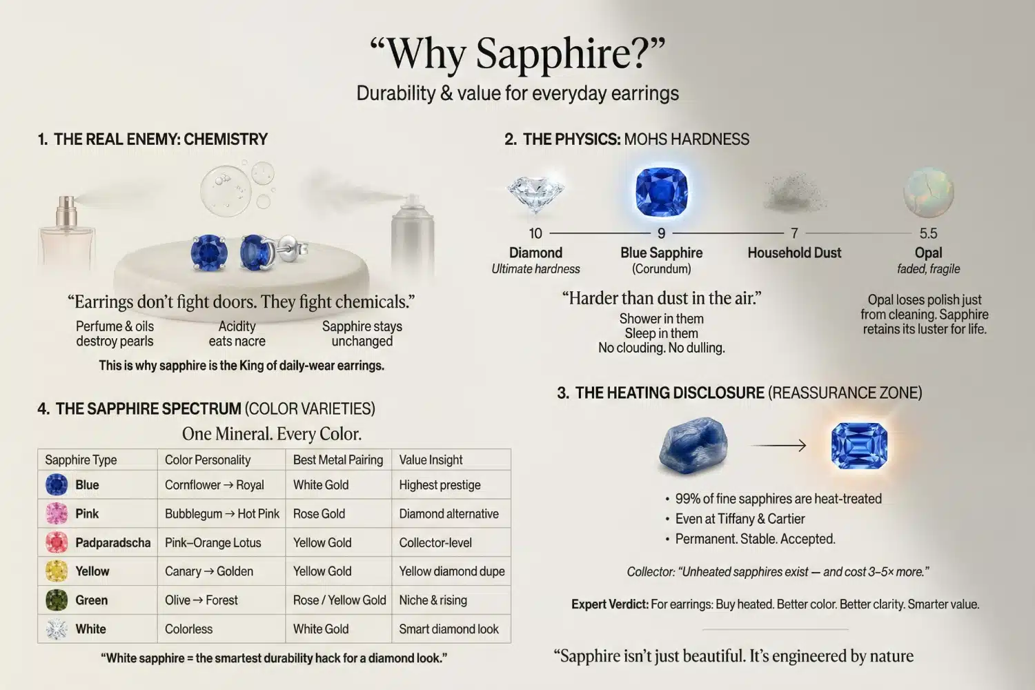 An infographic titled "Why Sapphire? Durability & Value for Everyday Earrings". It details three reasons: 1. Chemistry (Resists perfume/acidity better than pearls), 2. Physics (Harder than dust at 9 Mohs, won't dull like Opal), and 3. The Heating Disclosure (99% are heat-treated for permanent color). It also lists the full color spectrum including Blue, Pink, Padparadscha, Yellow, Green, and White.