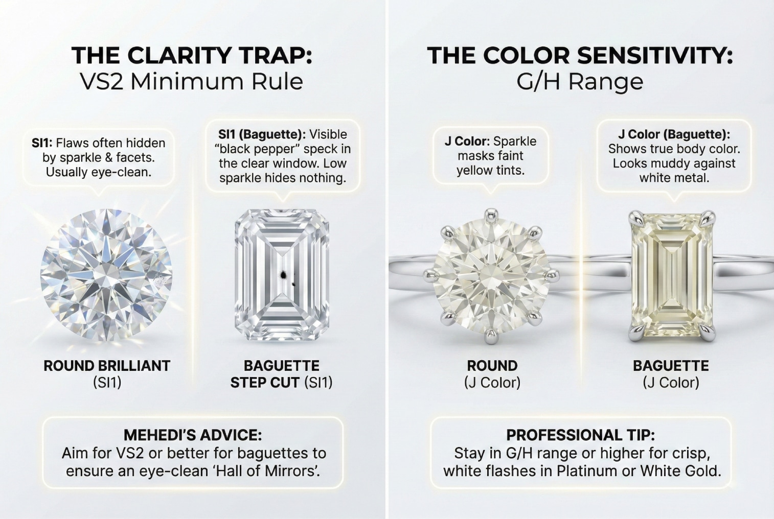 Infographic detailing the Baguette Diamond Clarity Trap (VS2 Minimum Rule) and Color Sensitivity (G/H Range). It shows an SI1 inclusion being visible in a Baguette Step Cut's clear window, versus being hidden in a Round Brilliant Cut. It also shows how J Color looks muddy in a Baguette, requiring G/H Color for crisp, white flashes.