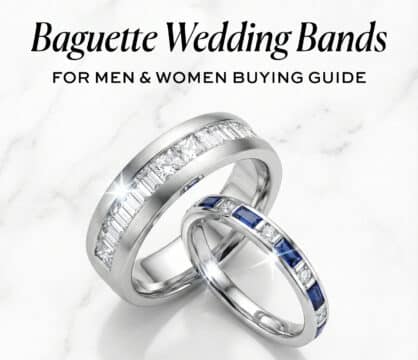 Feature image for the Baguette Wedding Bands Buying Guide. The image shows a pair of modern channel-set wedding bands on a marble surface: a wide men's band with baguette and princess-cut diamonds, and a narrower women's band with alternating blue sapphires and round diamonds, representing the "Hall of Mirrors" effect.