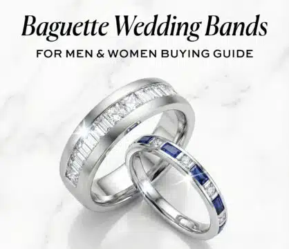 Feature image for the Baguette Wedding Bands Buying Guide. The image shows a pair of modern channel-set wedding bands on a marble surface: a wide men's band with baguette and princess-cut diamonds, and a narrower women's band with alternating blue sapphires and round diamonds, representing the "Hall of Mirrors" effect.