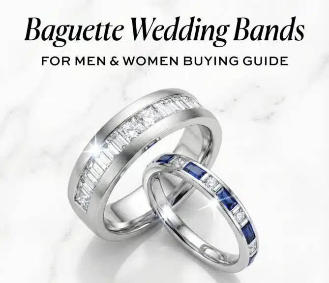 Feature image for the Baguette Wedding Bands Buying Guide. The image shows a pair of modern channel-set wedding bands on a marble surface: a wide men's band with baguette and princess-cut diamonds, and a narrower women's band with alternating blue sapphires and round diamonds, representing the "Hall of Mirrors" effect.