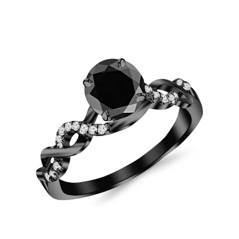 A 14K Black Gold Twisting Infinity Split Shank Gothic Wedding Rings For Women with a 2.00 Carat Round Black Diamond center and Pave Set white diamond accents.