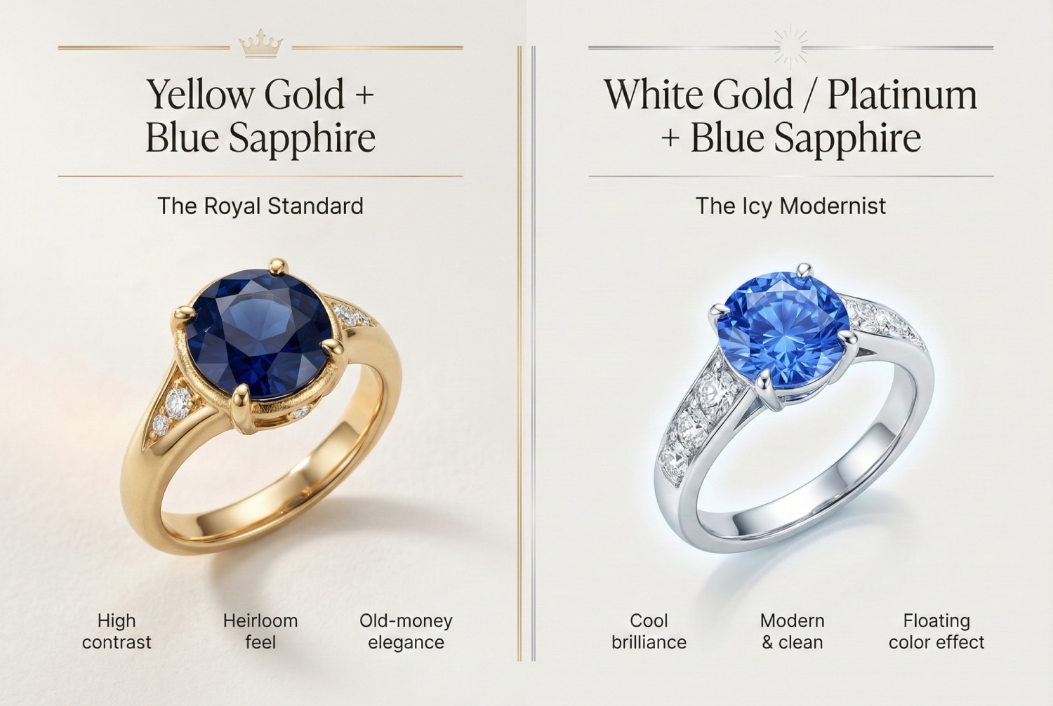 Comparison of blue sapphire rings: a yellow gold ring labeled 'The Royal Standard' next to a white gold or platinum ring labeled 'The Icy Modernist'.