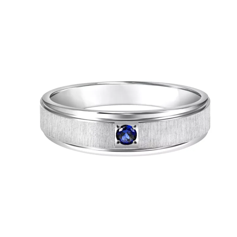 A 14K White Gold Blue Sapphire Ring for Men: 6.00 mm wide Comfort-Fit band with a brushed center finish, high-polished edges, and a striking Blue Sapphire accent.